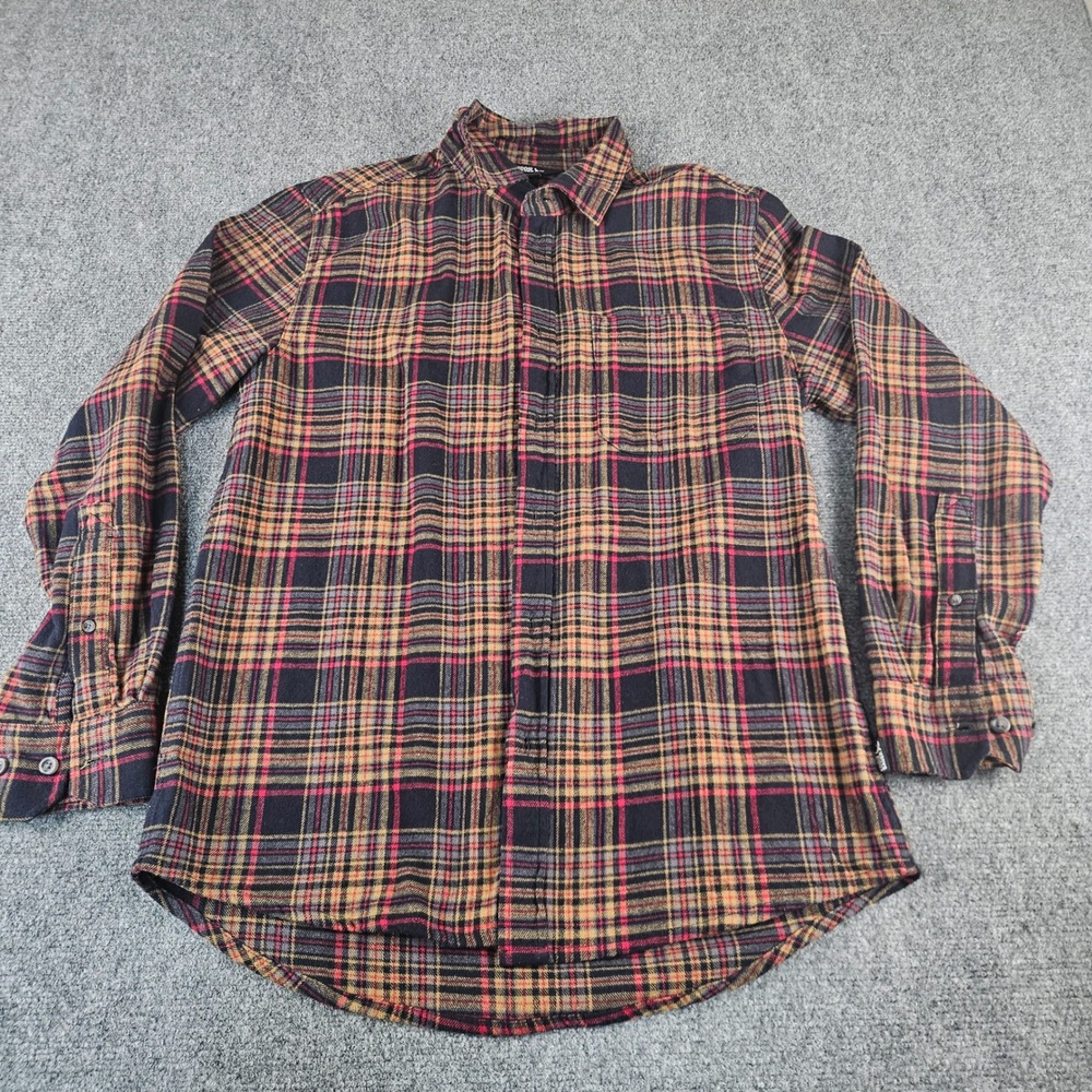 Eddie Bauer Mens Plaid Flannel Shirt Medium Black Red Tan 100% Cotton Button
